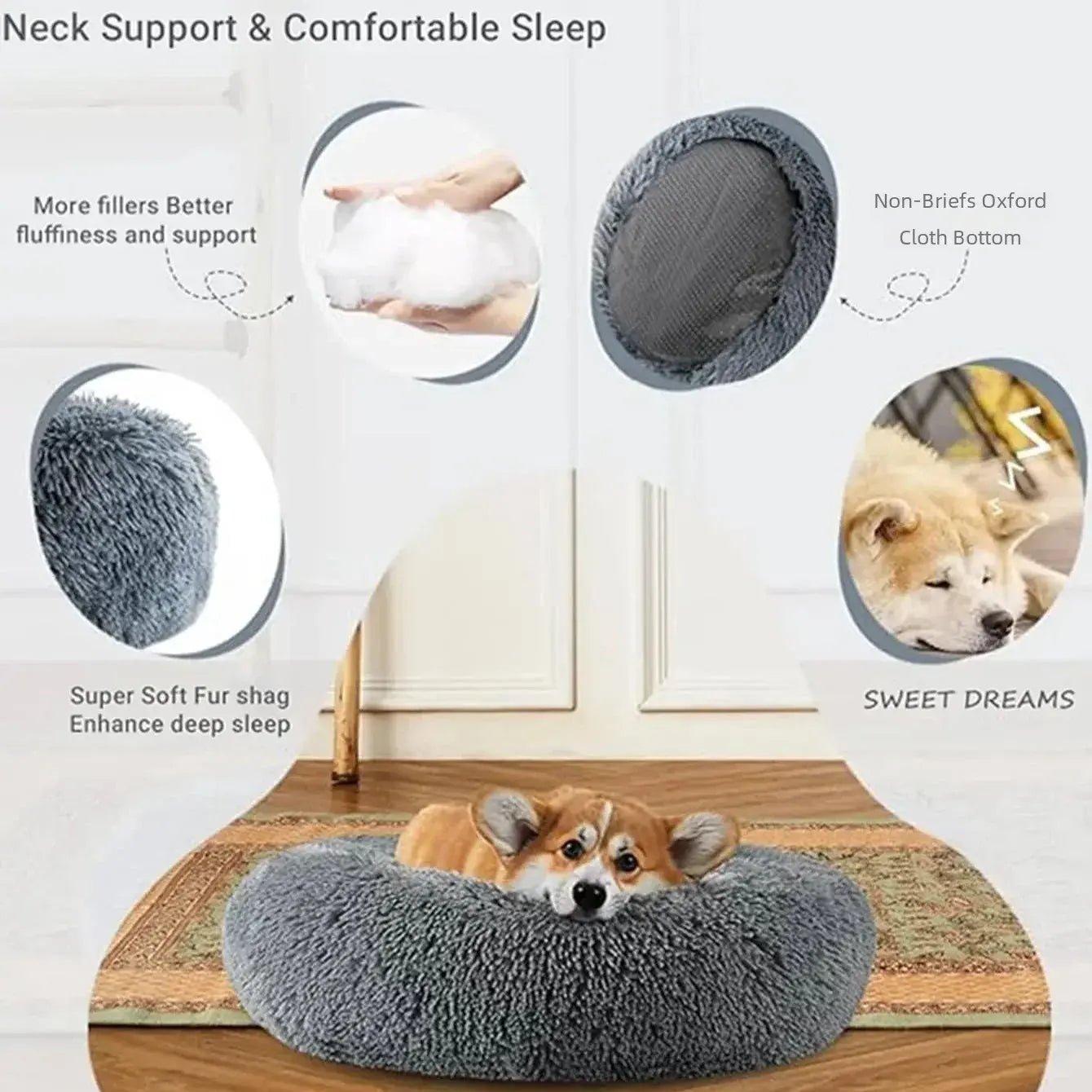 Round Pet Bed for Large Dog Bed Super Soft Cat Bed Long Plush Dog House for Medium Dog House Winter Warm Sleeping